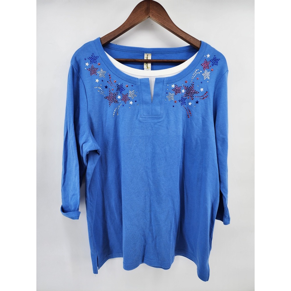 Decorated Originals Womens XL Blue Patriotic Star Rhinestone 3/4 Sleeve Top